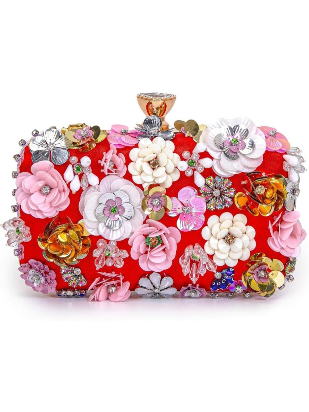 Women's Red Floral Beaded Chain Strap Party Prom Clutch Purse Evening Bag